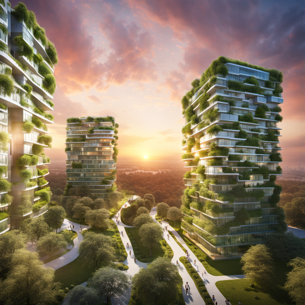 A sustainable green city with a (spectacular sky:1.5), center, showcasing breathtaking hues of (sunrise:2), greenery, and eco-friendly architecture by mvrdv:4, HDR, UHD