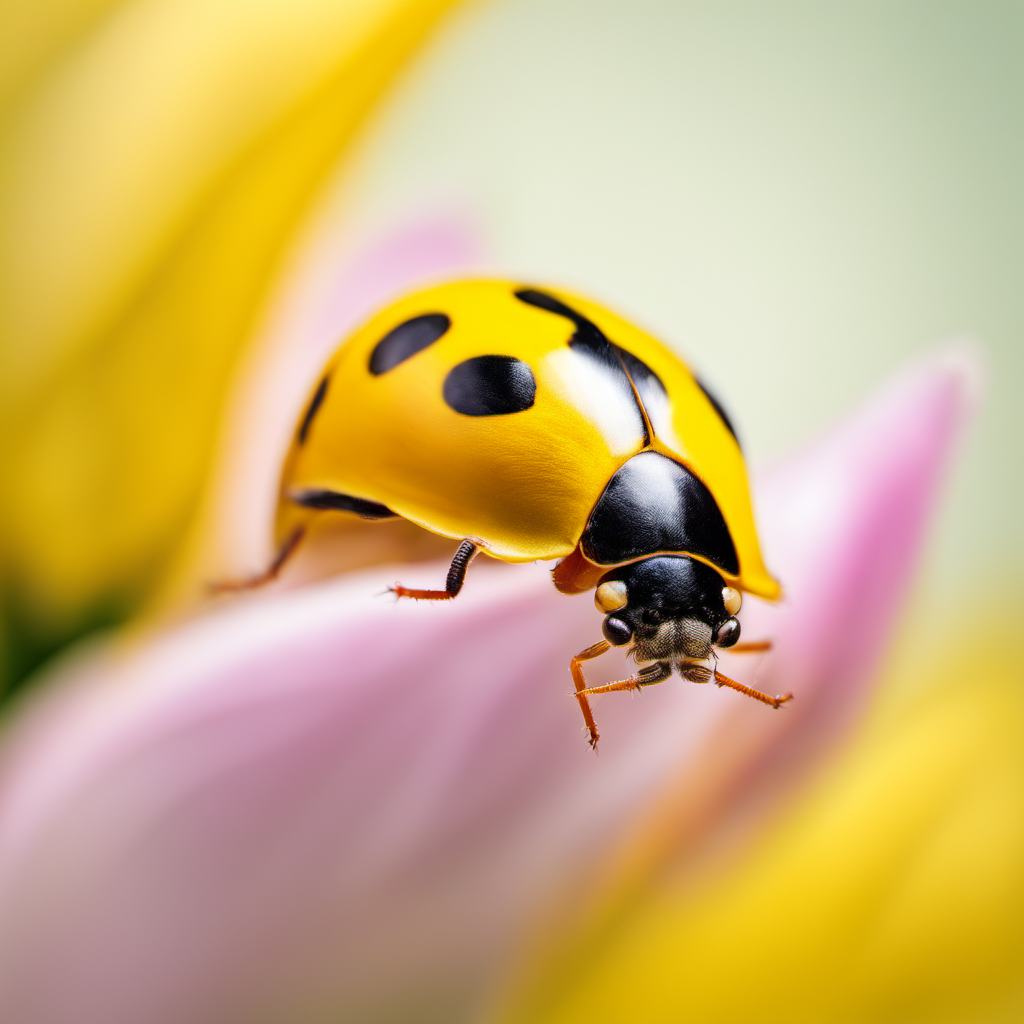 Photo of a yellow ladybug, on a tulip, macro lens, studio light, 800mm lens