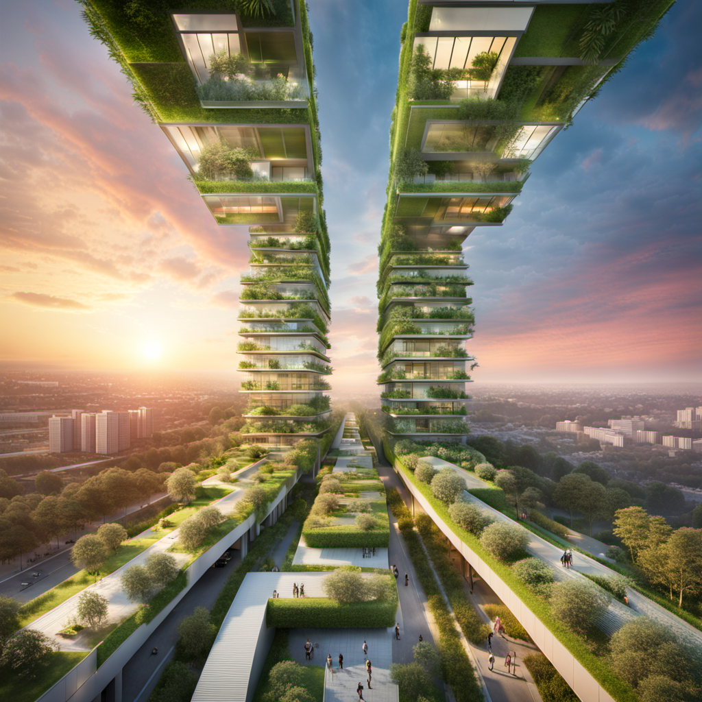 A sustainable green city with a (spectacular sky:1.5), center, showcasing breathtaking hues of (sunrise:2), greenery, and eco-friendly architecture by mvrdv:4, HDR, UHD