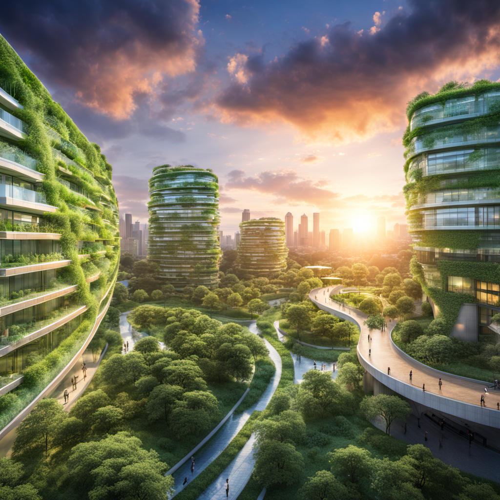 A sustainable green city with a (spectacular sky:1.5), center, showcasing breathtaking hues of (sunrise:2), greenery, and eco-friendly architecture by kazuyo sejima:4, HDR, UHD