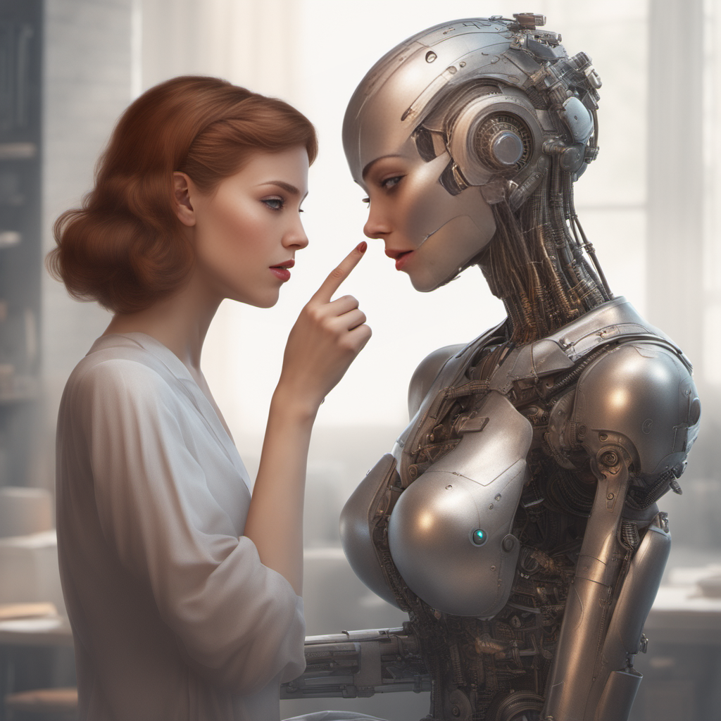 A beautiful young woman communicating with a cyborg