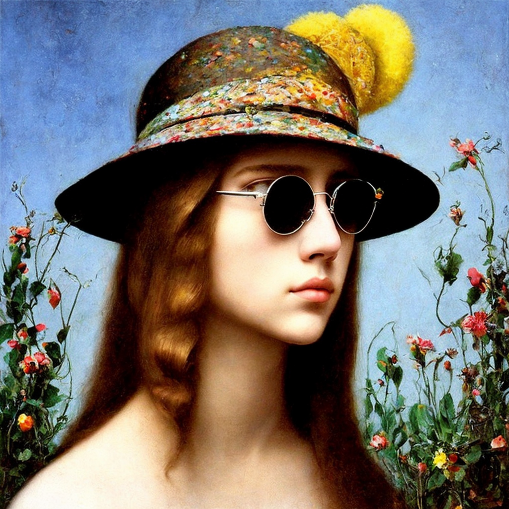 A portrait of a girl wearing a hat and sunglasses::4 coquelicot color::5 art by banksy::1 jackson pollock::1 leonardo da vinci::2, mdjrny-v4