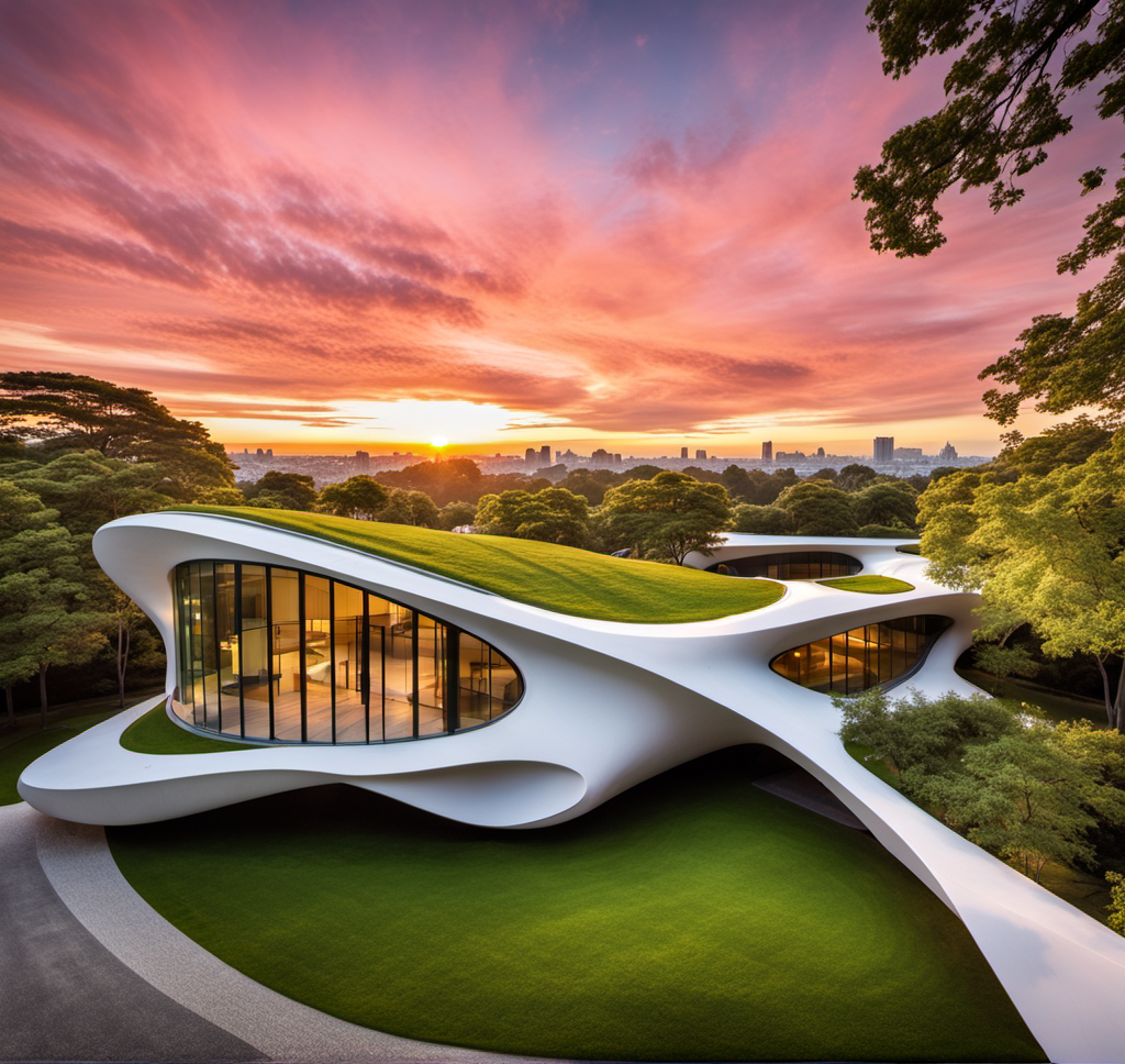 A sustainable green building in a park with a (spectacular sky:1.5), center, showcasing breathtaking hues of (sunset:2), greenery, and eco-friendly architecture by Toyo Ito:3, by Zaha Hadid:1, HDR, UHD