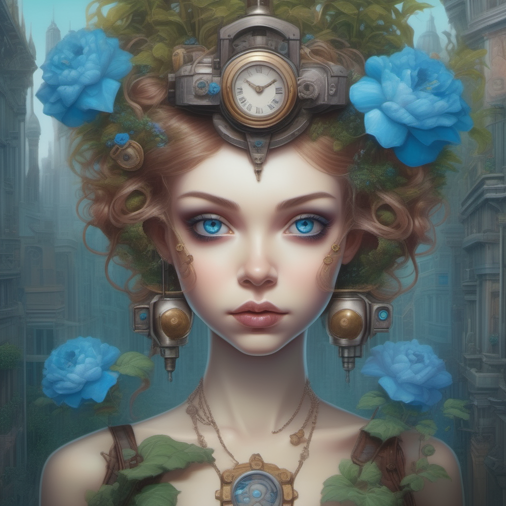 Very detailed female, steampunk city taken over by plants in the background, d & d, fantasy, with blue flowers, beautiful face, hyperrealism delicate detailed complex, sophisticated, vibrant colors, volumetric lighting, pop surrealism art by Mark Ryden and Anna Dittmann