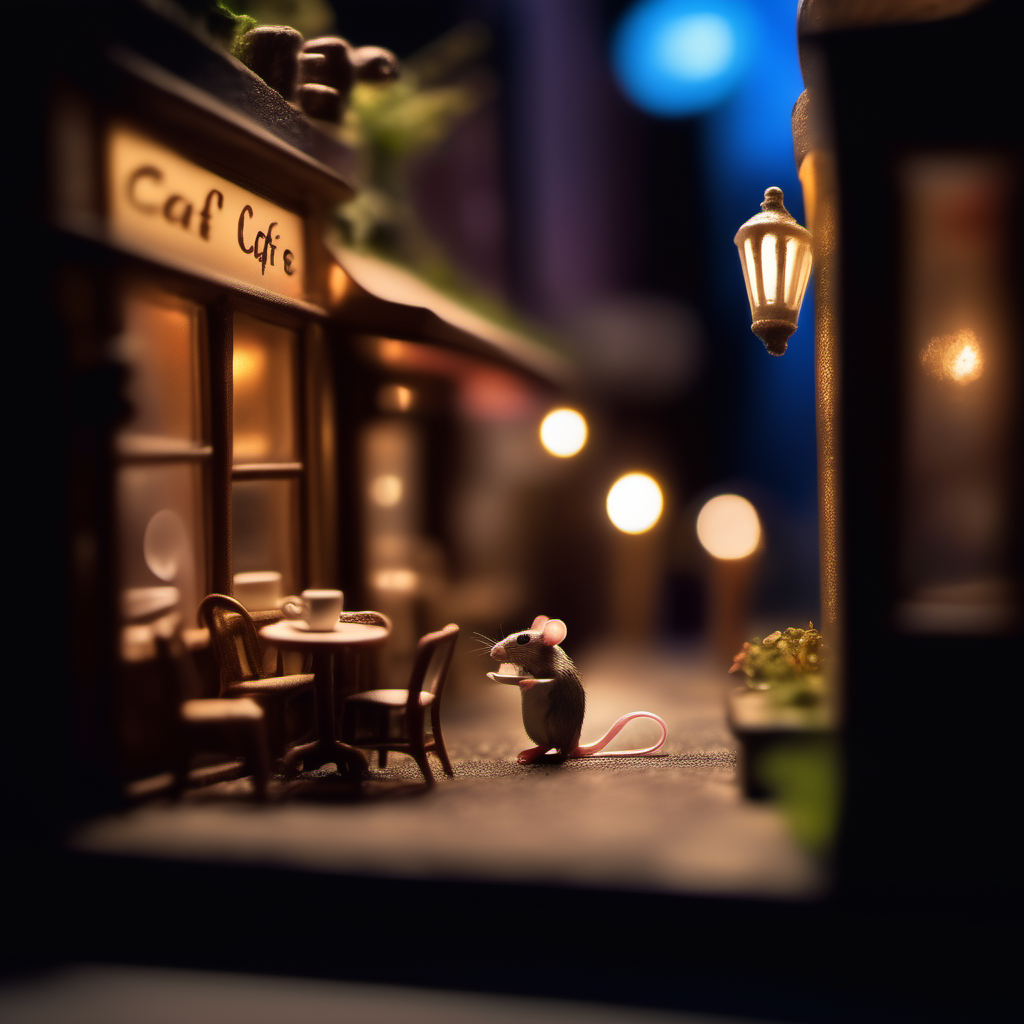 Miniature cafe diorama macro photography, cafe for mice, alleyway, ambient, atmospheric, british, bokeh, romantic