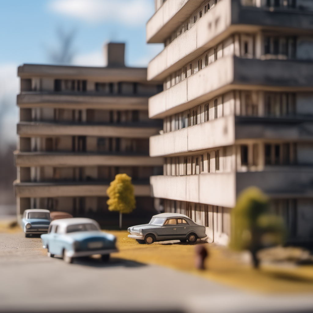 detailed miniature diorama a soviet residential building, brutalism architecture, car parking nearby, elderly man passing by, sunny day, warm and joyful atmosphere, summer, streetlamps, several birches nearby