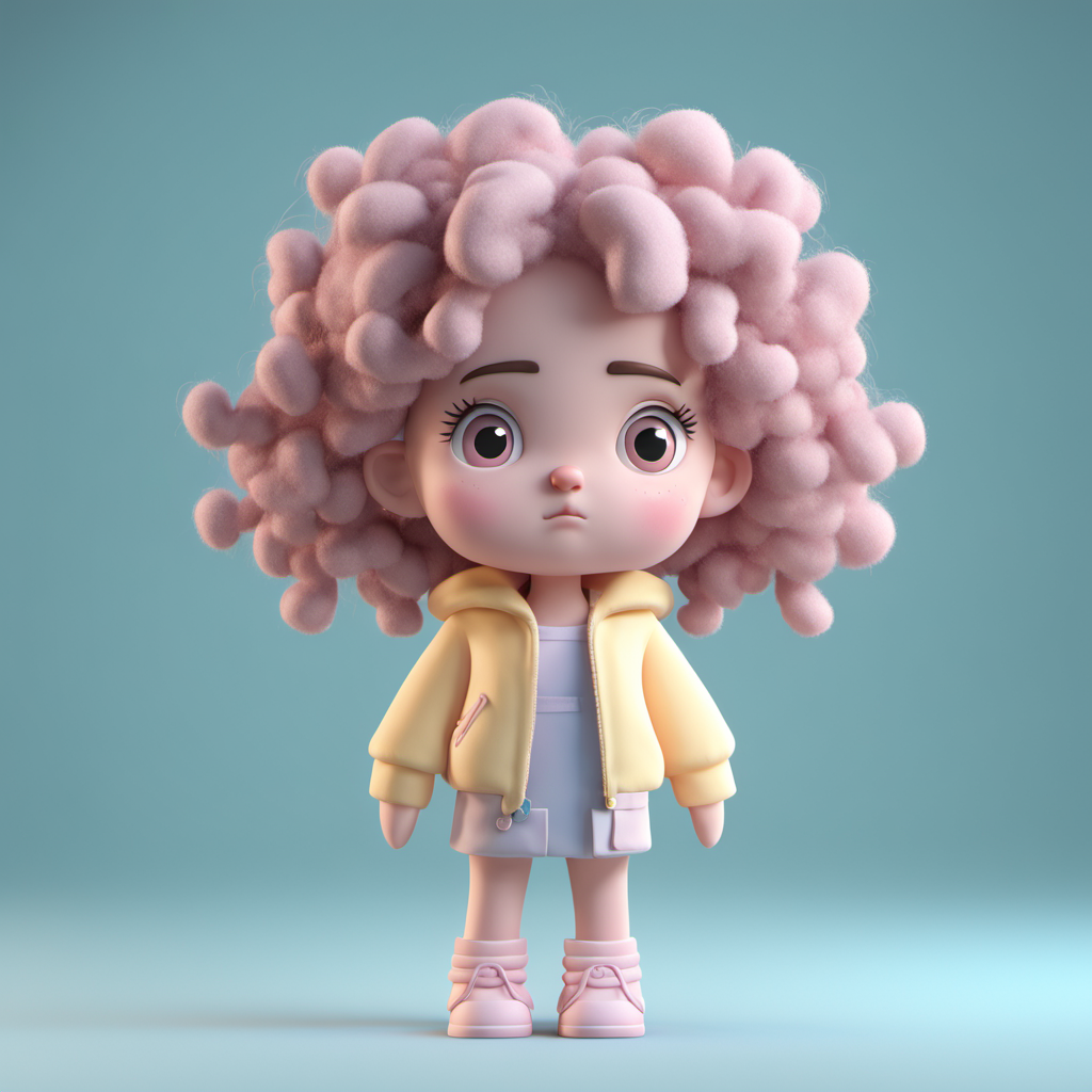 Cute sad girl toy, curly hair, standing character, soft smooth lighting, soft pastel colors, skottie young, 3d blender render, polycount, modular constructivism, physically based rendering