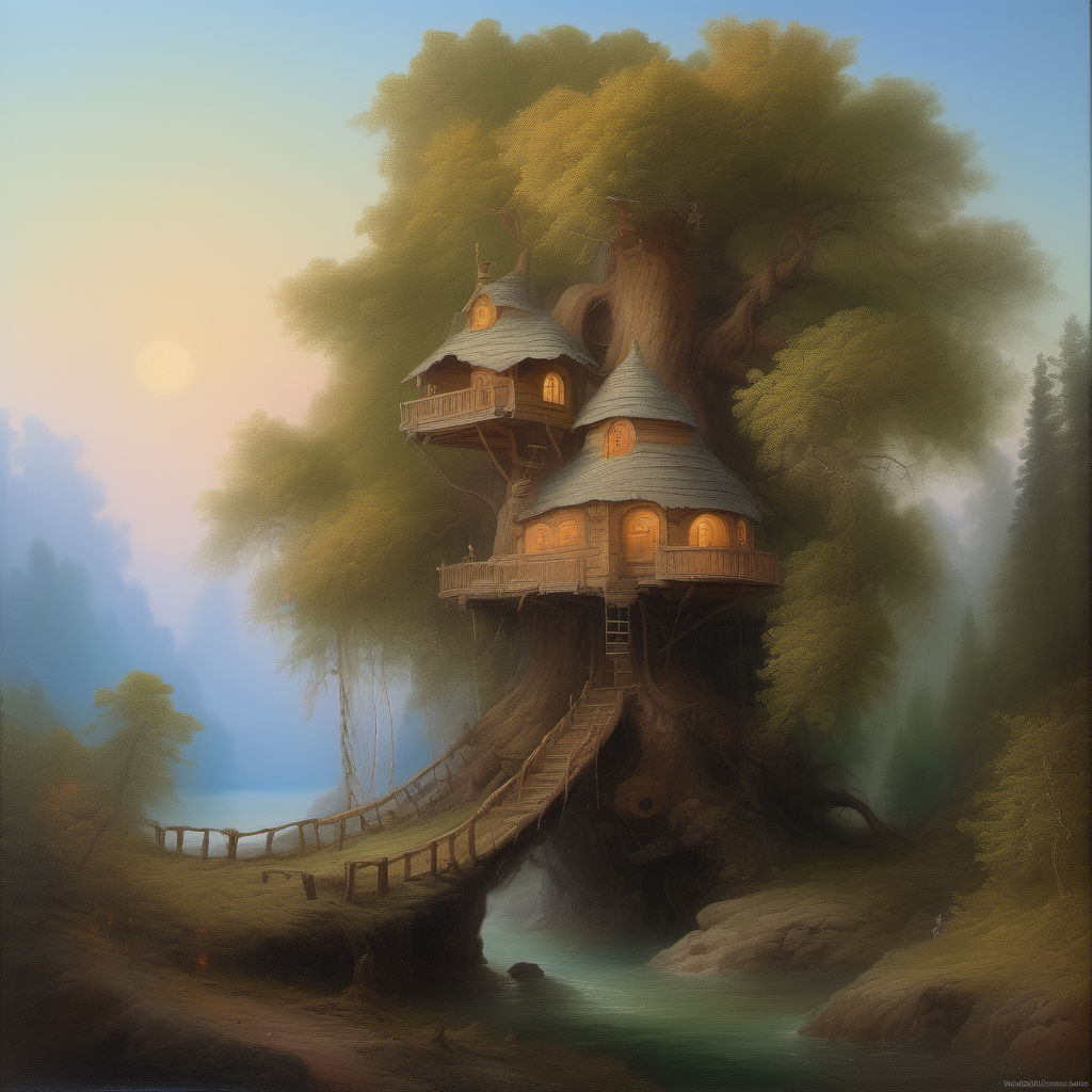 Oil painting of a fantasy treehouse by ivan shishkin and aivazovsky, highly detailed, masterpiece