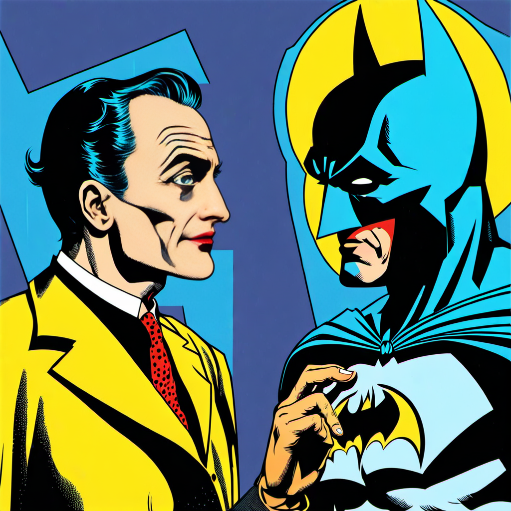 Retro comic style artwork, highly detailed batman talking to a retro character, comic book cover, vibrant