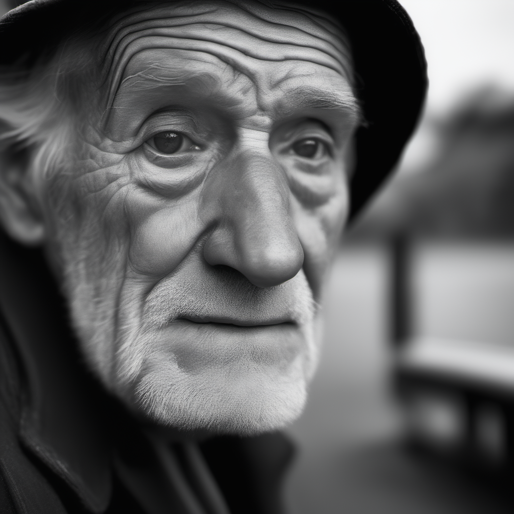 Extreme Close-up, Monochrome, Old man, Ambient, Outdoor, Telephoto, CCTV