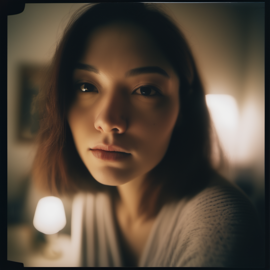 Close-up, polaroid, woman, soft lighting, indoor, wide-angle, iPhone X