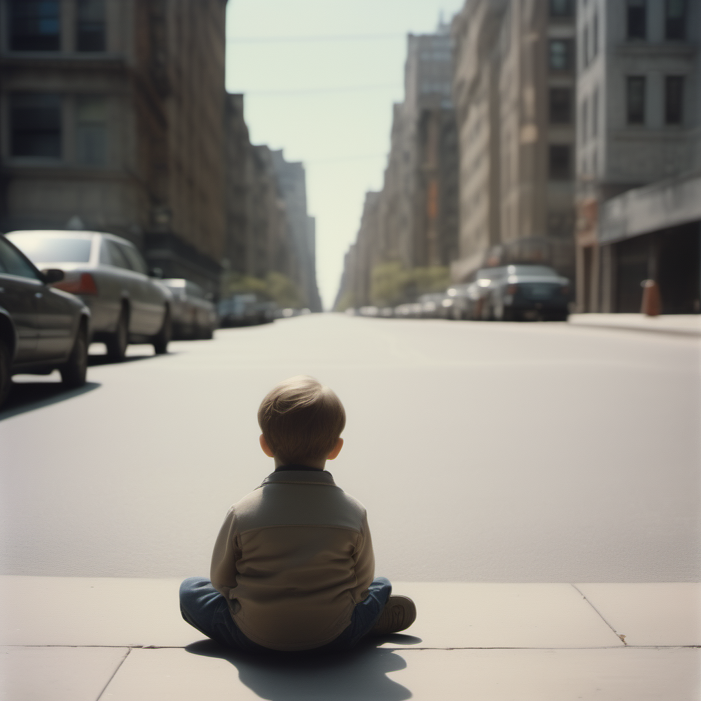 Polaroid: Still photo of a child sitting in the middle of a wide empty city street, his back to the camera, symmetrical, polaroid photography, highly detailed, crisp quality