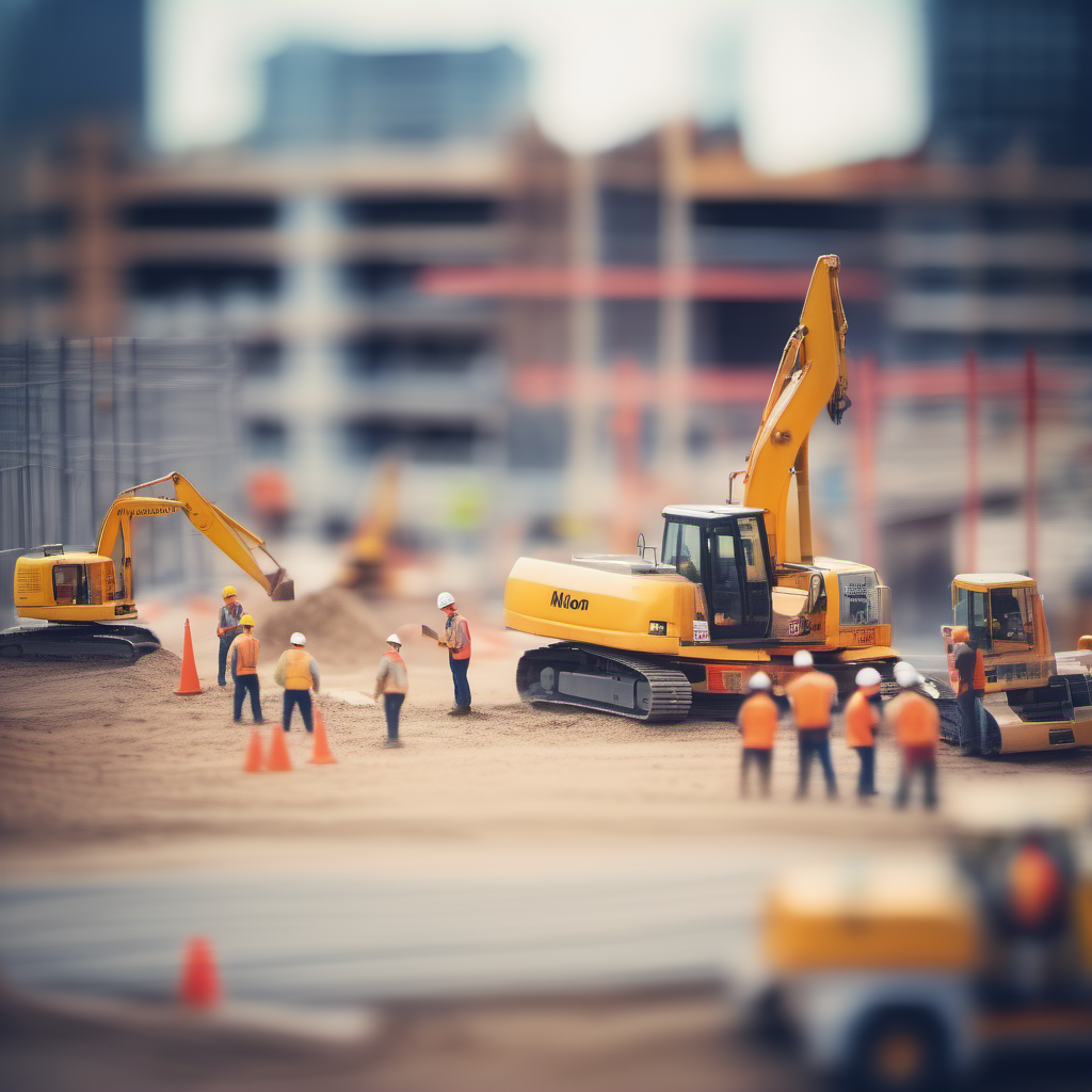 2. Photo of construction site, workers, tilt shift effect, bokeh, Nikon