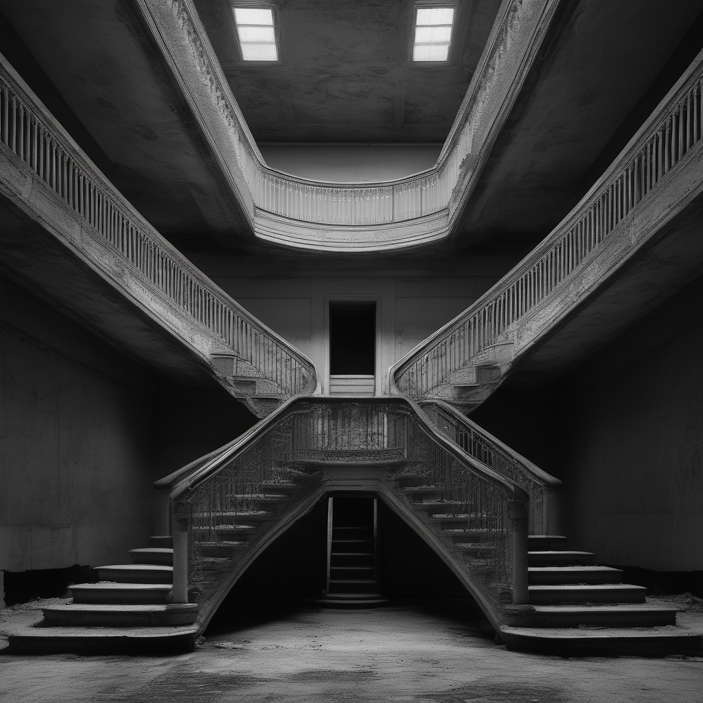 Photo of a staircase in an abandoned building, symmetrical, monochrome photography, highly detailed, crisp quality and light reflections, 100mm lens