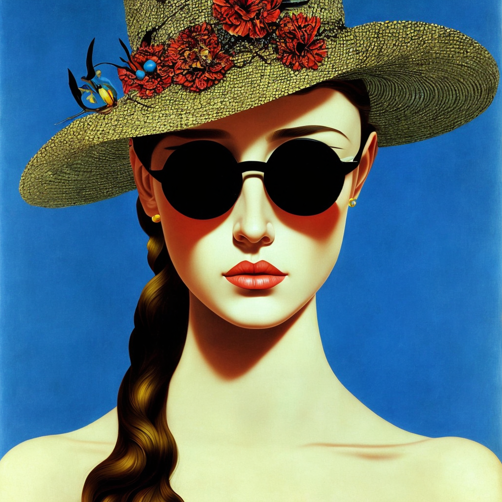 A portrait of a girl wearing a hat and sunglasses, black dress::4 coquelicot color::5 art by salvador dali::1 leonardo da vinci::1 roy lichtenstein::2, mdjrny-v4