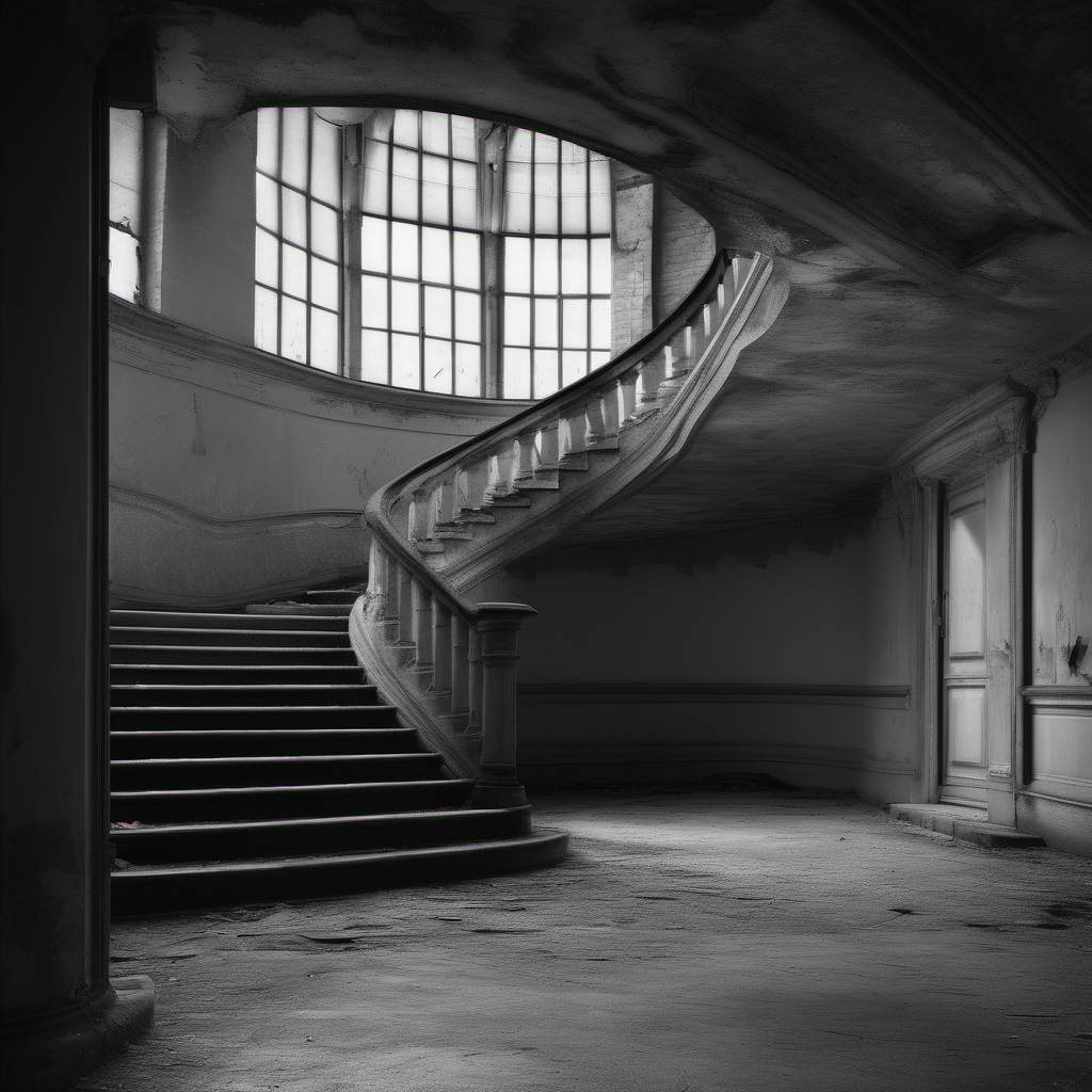 Photo of a staircase in an abandoned building, symmetrical, monochrome photography, highly detailed, crisp quality and light reflections, 100mm lens