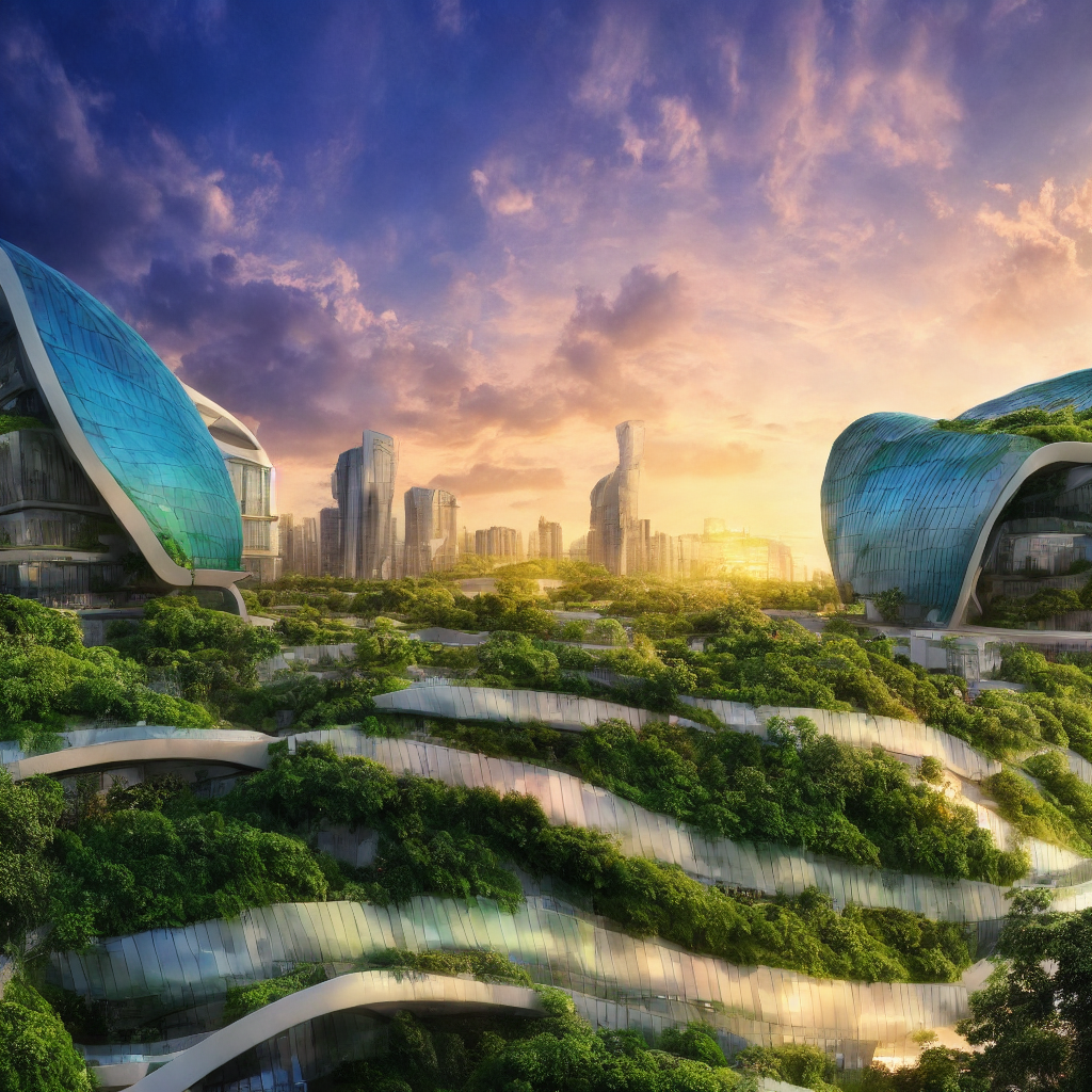 A sustainable green city, with a spectacular sky:1.5 showcasing breathtaking hues of sunrise:2, greenery, and eco-friendly architecture by Zaha Hadid:4, HDR, UHD