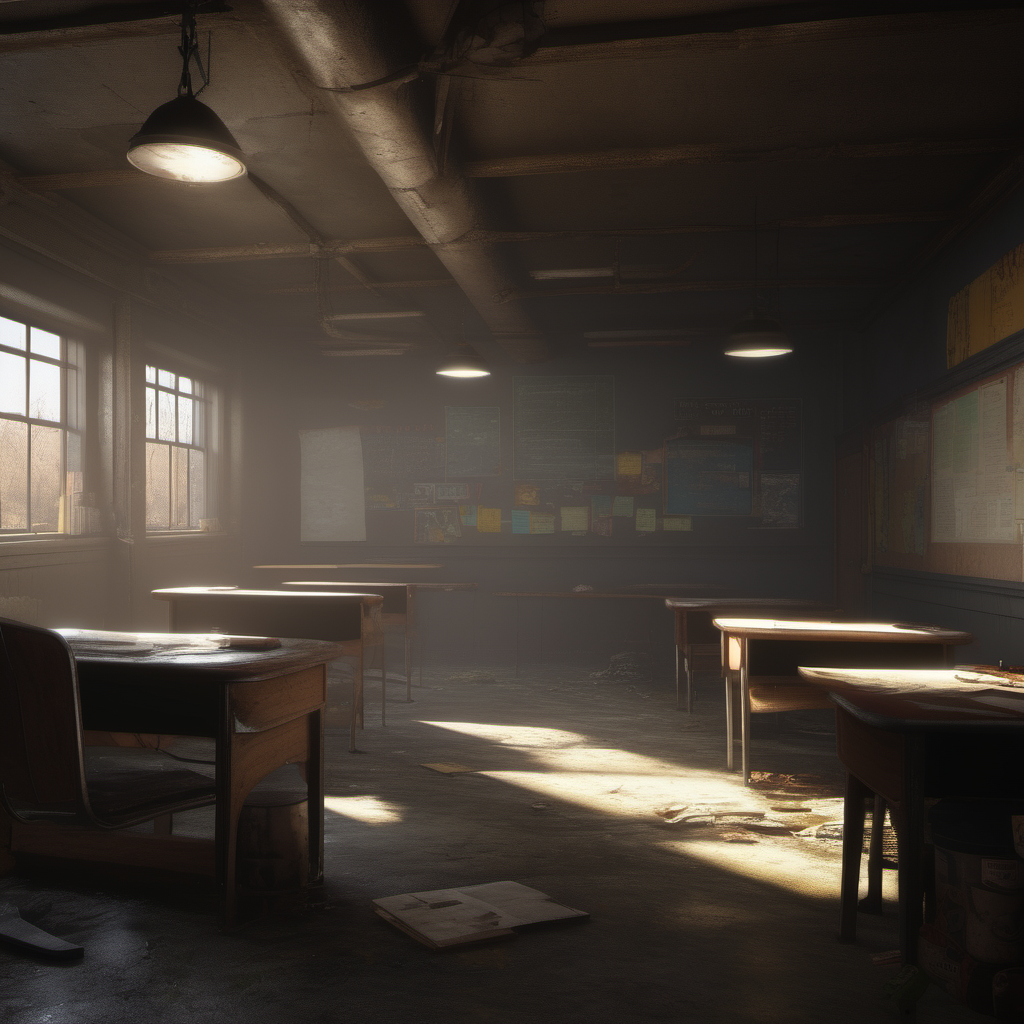 Nostalgic: Fallout concept art school interior render grim, nostalgic lighting, Unreal Engine 5