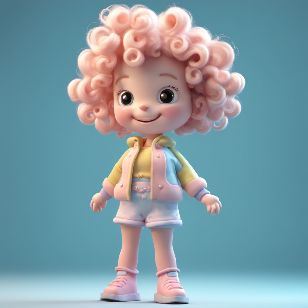 Cute happy girl toy, curly hair, standing character, soft smooth lighting, soft pastel colors, skottie young, 3d blender render, polycount, modular constructivism, physically based rendering