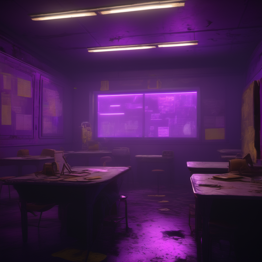 Purple Neon: Fallout concept art school interior render grim, realistic purple neon lighting, Unreal Engine 5