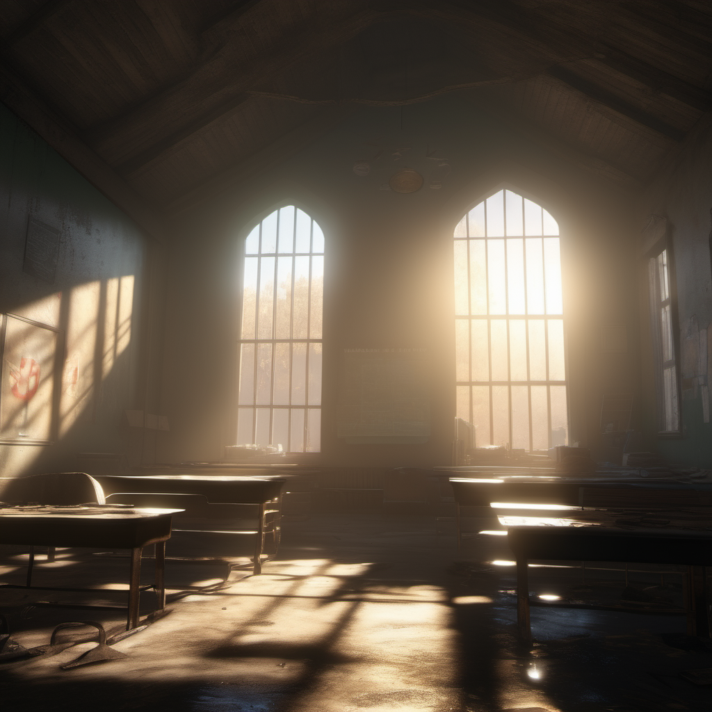 Sun Rays: Fallout concept art school interior render grim, sun rays coming through window, Unreal Engine 5