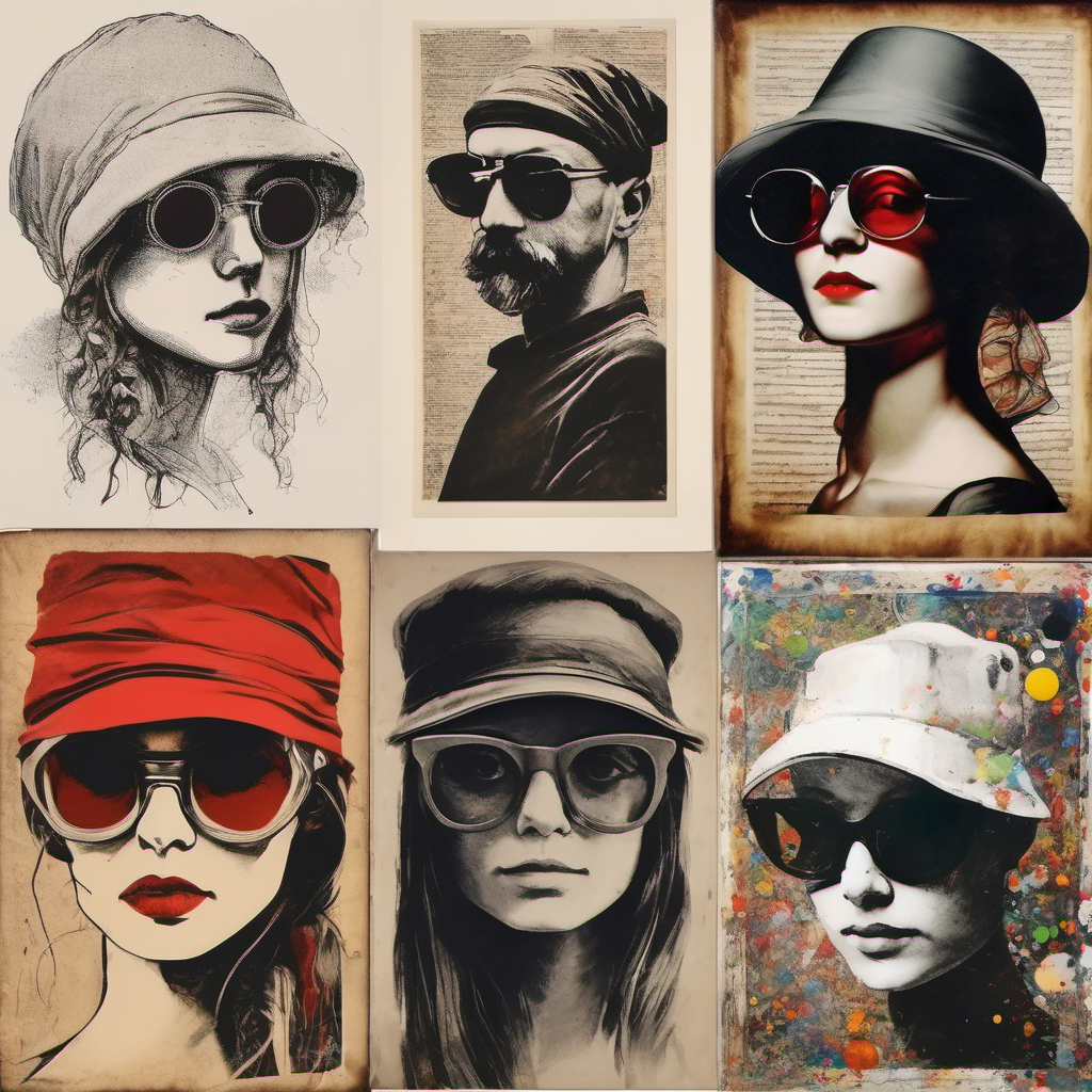 A portrait of a girl wearing a hat and sunglasses::4 coquelicot color::5 art by leonardo da vinci::2 banksy::1 jackson pollock::1, Model: sd_xl_base_1.0