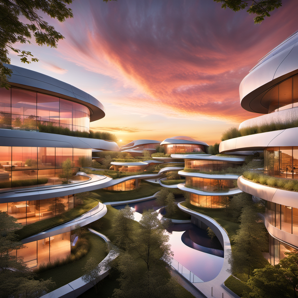 A sustainable building in a park with a (spectacular sky:1.5), center, showcasing breathtaking hues of (sunset:2), greenery, and eco-friendly architecture by Toyo Ito:4, by Zaha Hadid:4, HDR, UHD