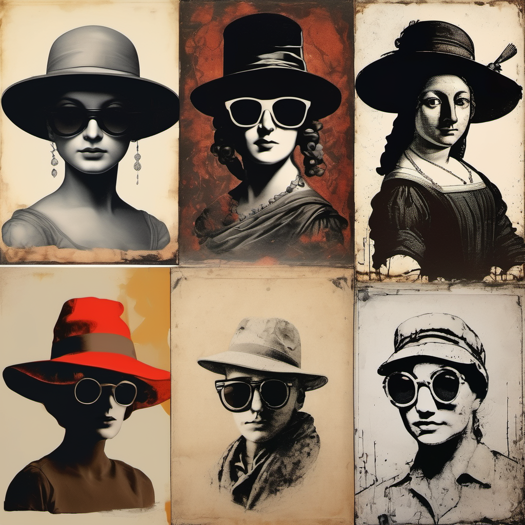 A portrait of a girl wearing a hat and sunglasses::4 coquelicot color::5 art by leonardo da vinci::2 banksy::1 jackson pollock::1, Model: sd_xl_base_1.0