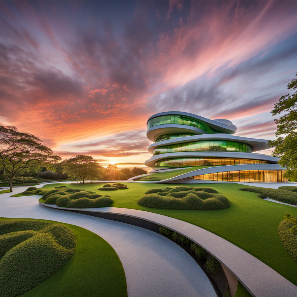 A sustainable green building in a park with a (spectacular sky:1.5), center, showcasing breathtaking hues of (sunset:2), greenery, and eco-friendly architecture by Toyo Ito:4, by Zaha Hadid:4, HDR, UHD, , Model: sd_xl_base_1.0, Refiner: sd_xl_refiner_1.0