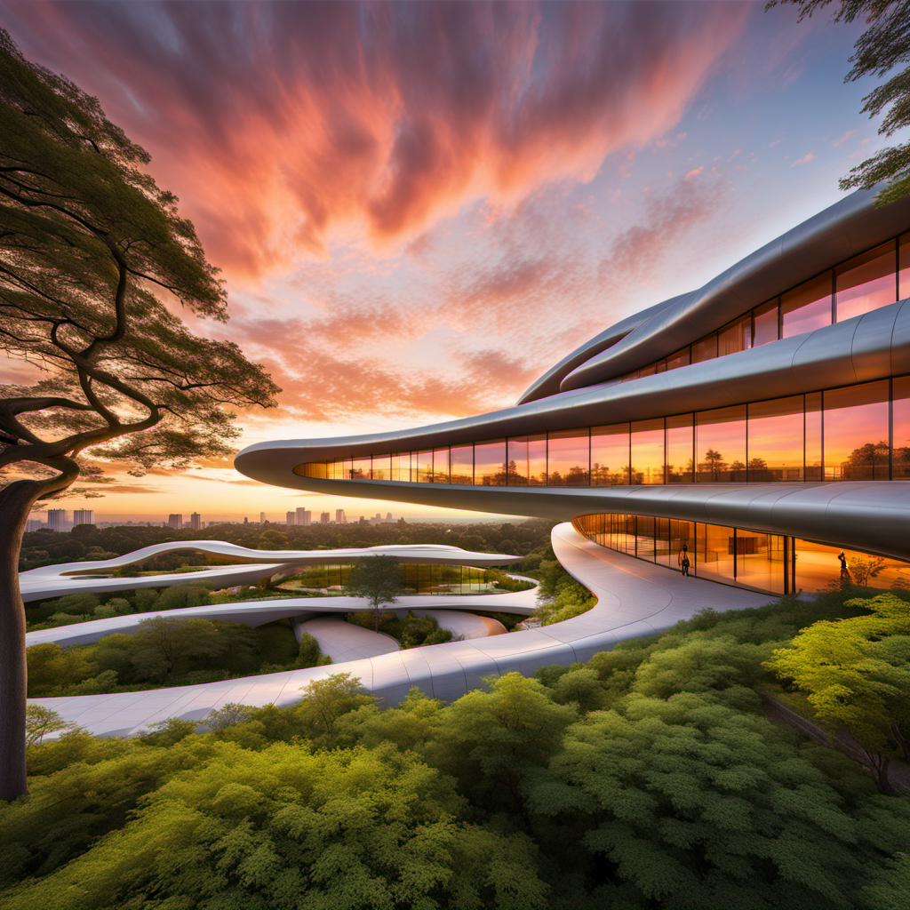 A sustainable green building in a park with a (spectacular sky:1.5), center, showcasing breathtaking hues of (sunset:2), greenery, and eco-friendly architecture by Toyo Ito:4, by Zaha Hadid:4, HDR, UHD