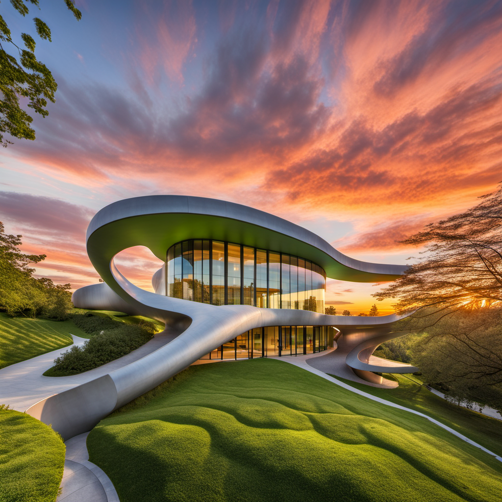 A sustainable green building in a park with a (spectacular sky:1.5), center, showcasing breathtaking hues of (sunset:2), greenery, and eco-friendly architecture by Toyo Ito:4, by Zaha Hadid:4, HDR, UHD, , Model: sd_xl_base_1.0, Refiner: sd_xl_refiner_1.0