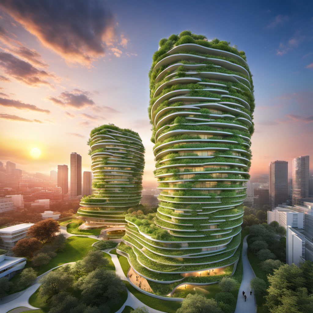 A sustainable green building in a park with a (spectacular sky:1.5), center, showcasing breathtaking hues of (sunset:2), greenery, and eco-friendly architecture by Toyo Ito:4, by Zaha Hadid:4, HDR, UHD, , Model: sd_xl_base_1.0, Refiner: sd_xl_refiner_1.0