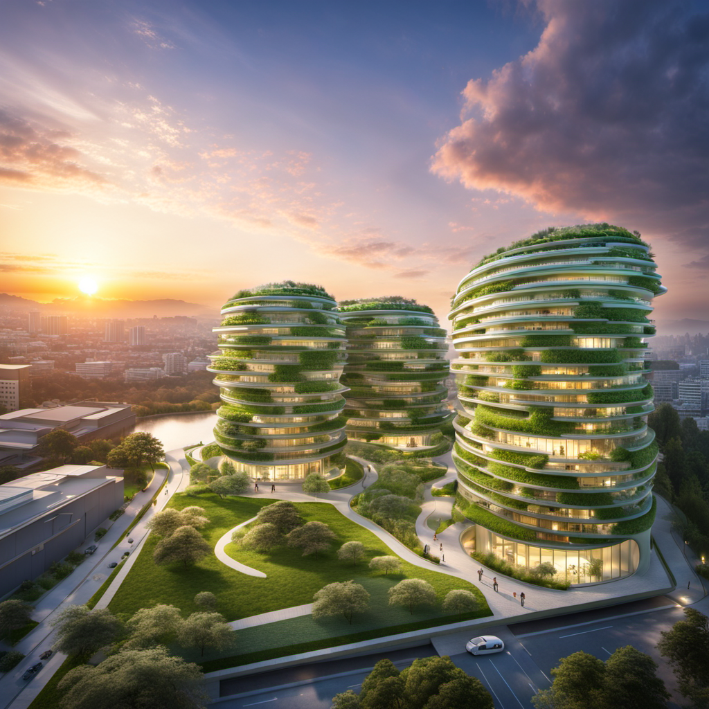 A sustainable green building in a park with a (spectacular sky:1.5), center, showcasing breathtaking hues of (sunset:2), greenery, and eco-friendly architecture by Toyo Ito:4, by Zaha Hadid:4, HDR, UHD, , Model: sd_xl_base_1.0, Refiner: sd_xl_refiner_1.0