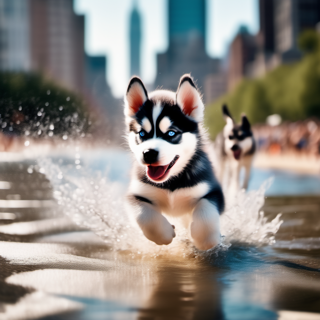 Joyful photo of a husky puppy splashing water at the beach, canon eos r3 