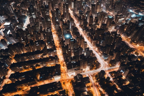 An aerial view of a city at night, long exposure