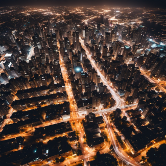 An aerial view of a city at night, long exposure